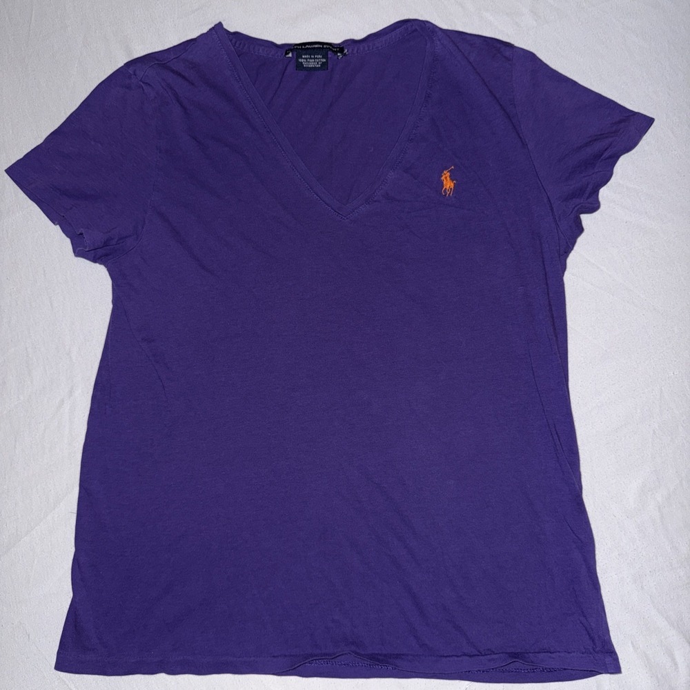 Ralph Lauren Sport Womens Purple V-Neck T-Shirt Orange Pony Pima Cotton Medium
